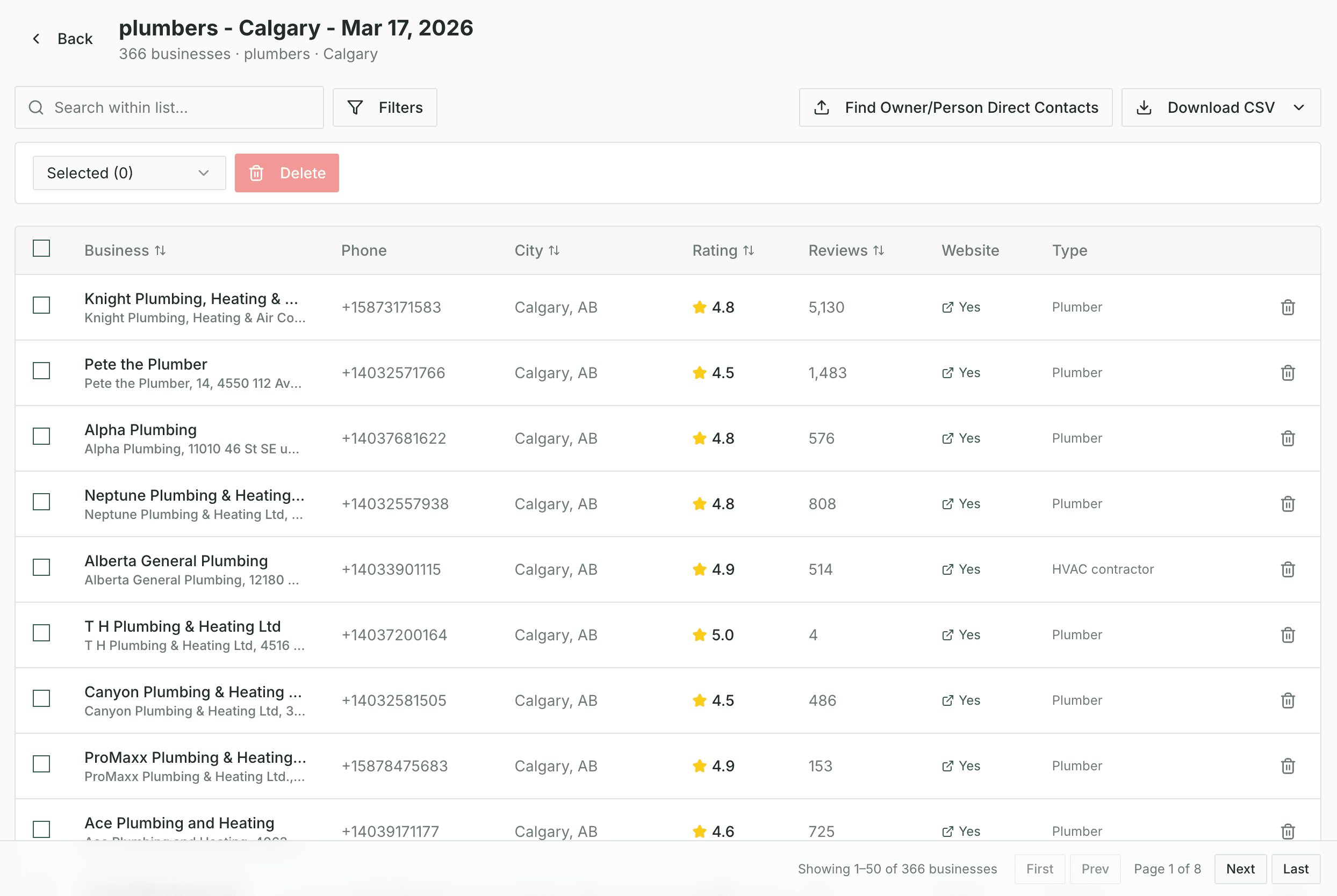 LocalPipe data table showing business records