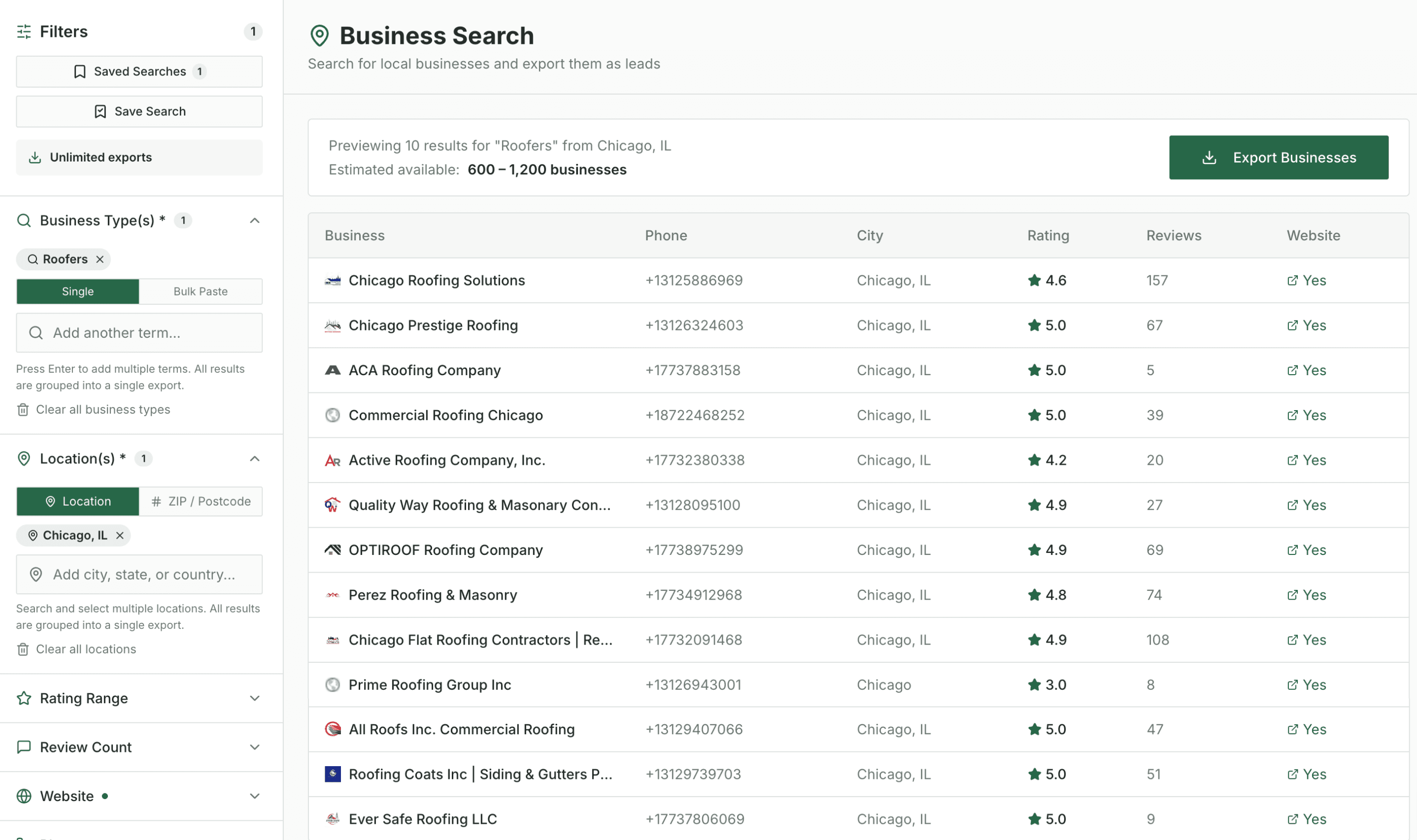 LocalPipe Business Search interface
